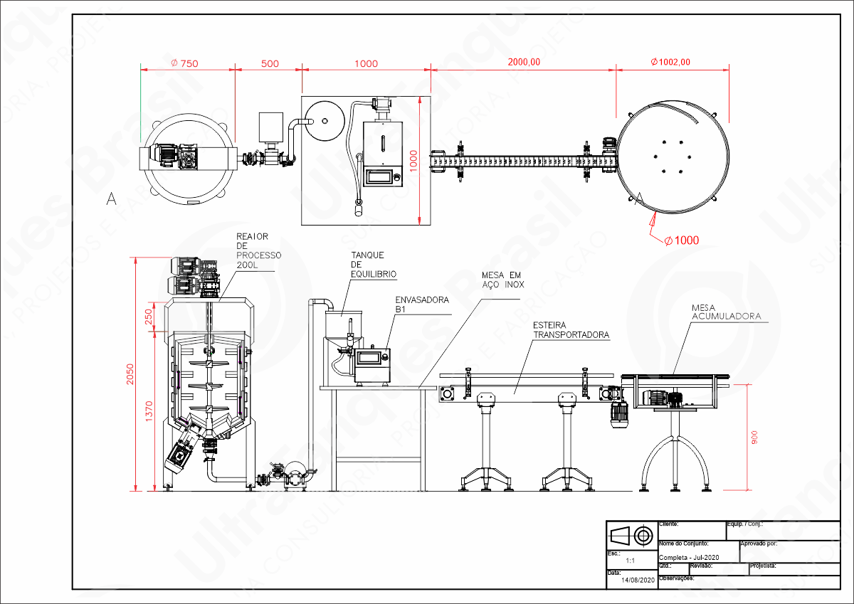 Desenho do projeto do equipamento conjunto básico de envase